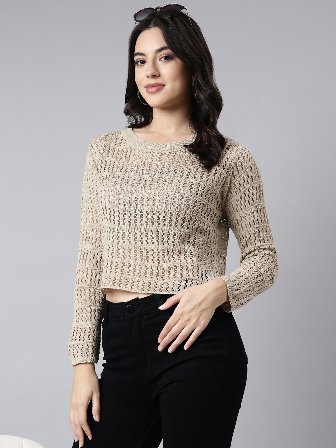 

SHOWOFF Self Design Long Sleeves Round Neck Crochet Crop Top With Inner Slip, Beige