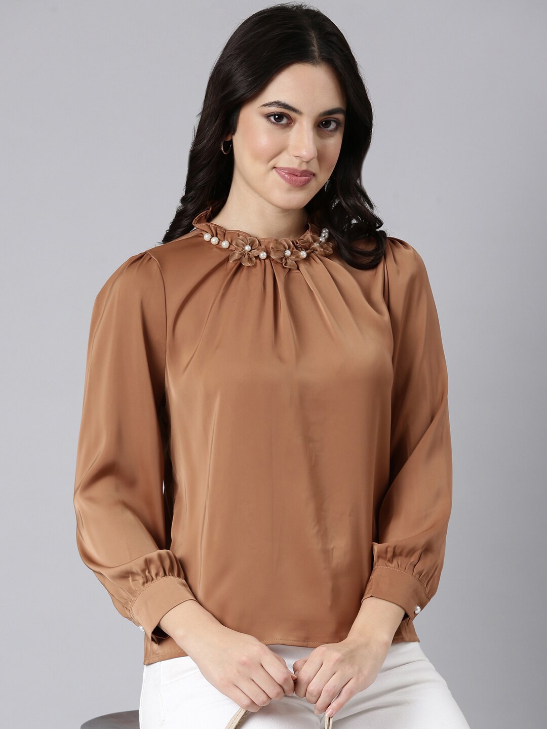 

SHOWOFF Cuffed Sleeves Embellished Detail Satin Top, Brown