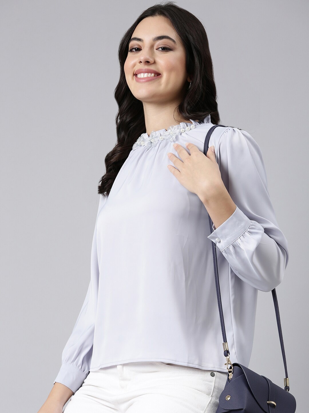 

SHOWOFF High Neck Gathered Detailed Cuffed Sleeves Satin Top, Lavender