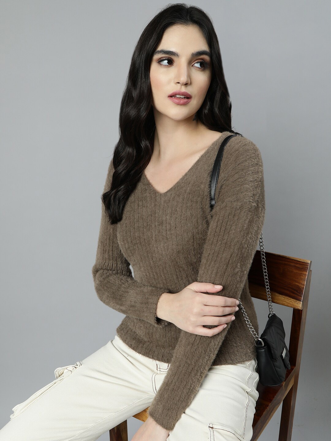 

SHOWOFF Striped V-Neck Top, Brown