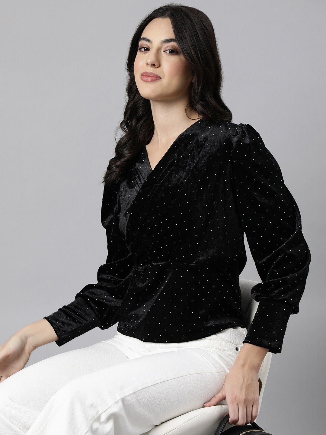 

SHOWOFF Polka Dots Printed Velvet Cuffed Sleeves Wrap Top, Black