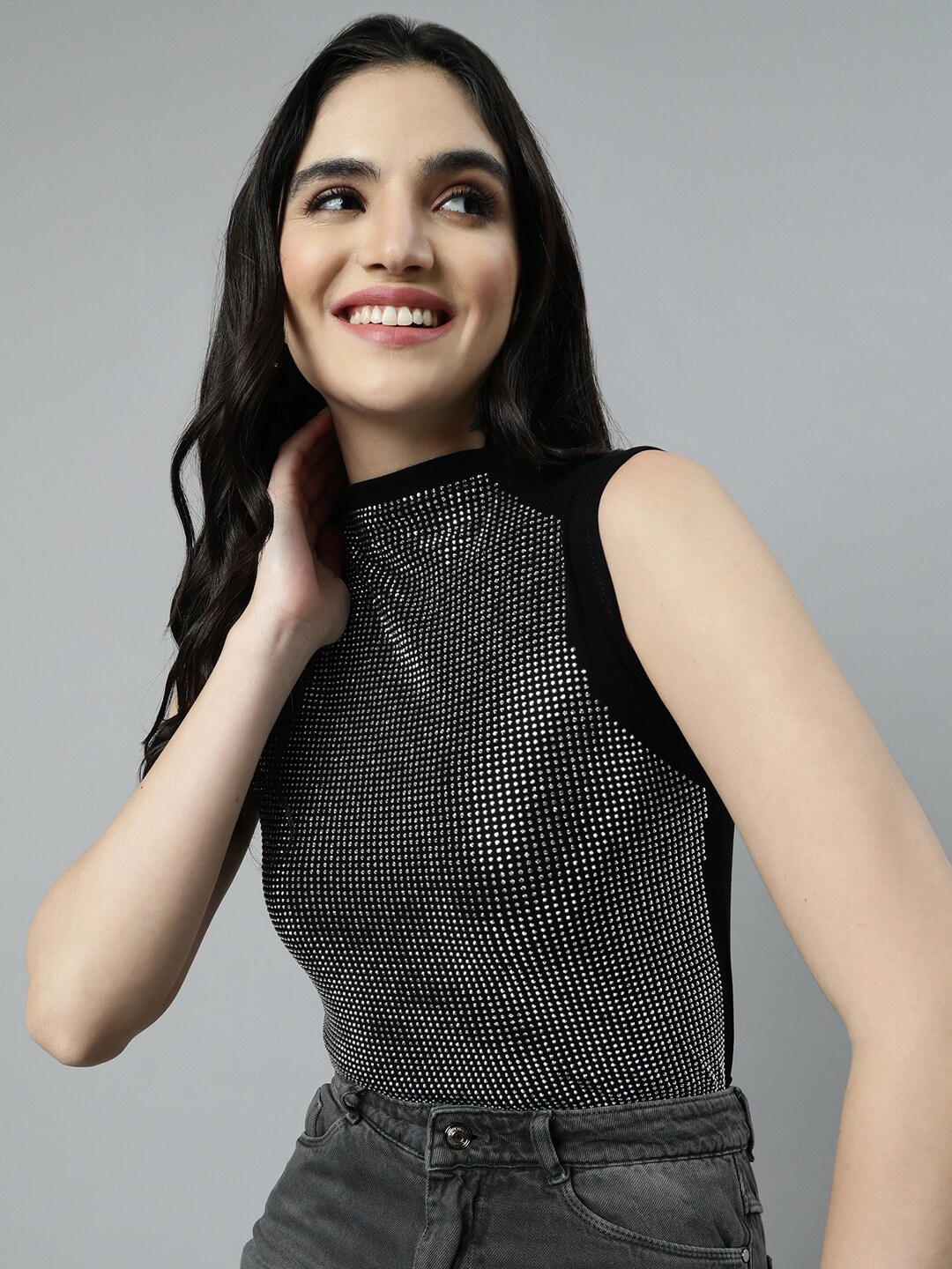 

SHOWOFF High Neck Embellished Top, Black