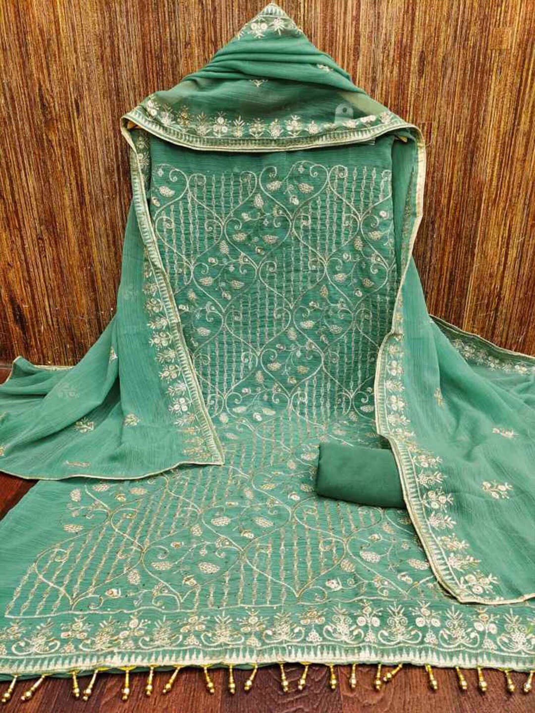 

faxofab Ethnic Motifs Unstitched Dress Material, Sea green