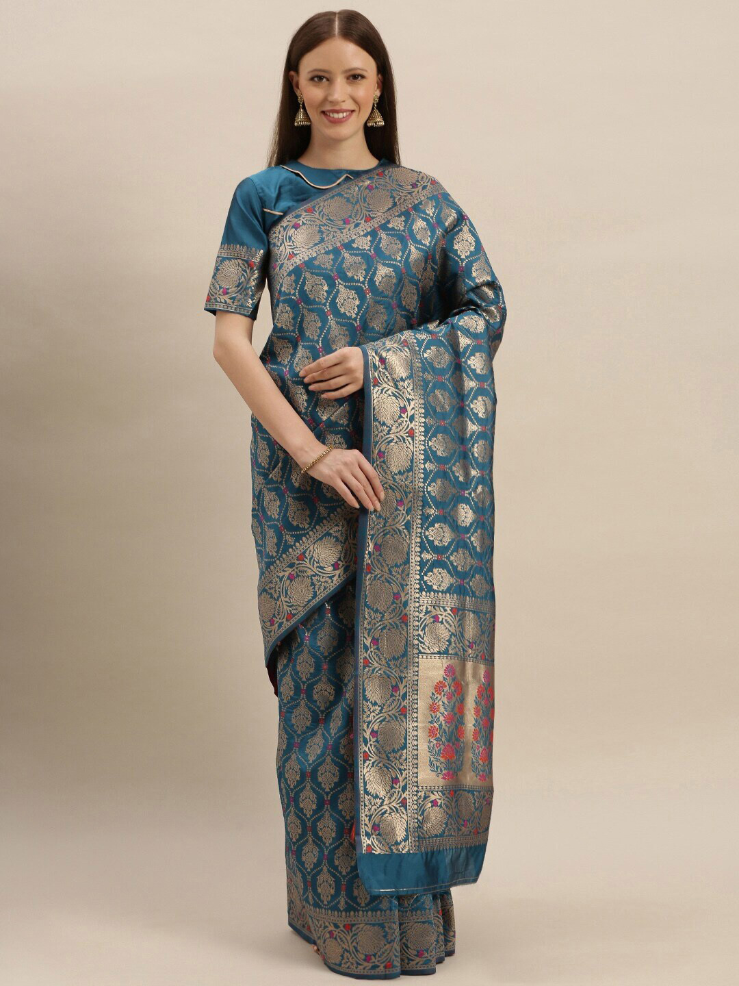 

Somras Ethnic Motifs Woven Design Zari Silk Blend Kanjeevaram Saree, Turquoise blue