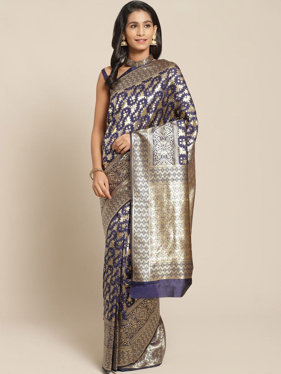 

Somras Ethnic Motifs Woven Design Zari Silk Blend Kanjeevaram Saree, Navy blue