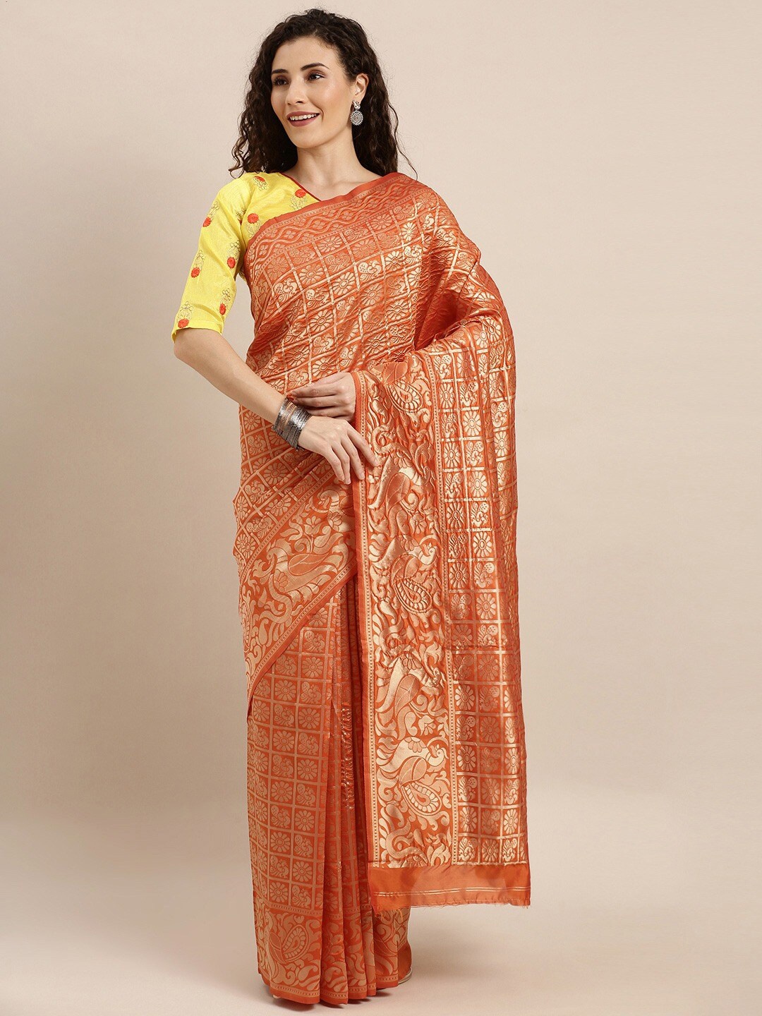 

Somras Ethnic Motifs Woven Design Zari Banarasi Saree, Orange