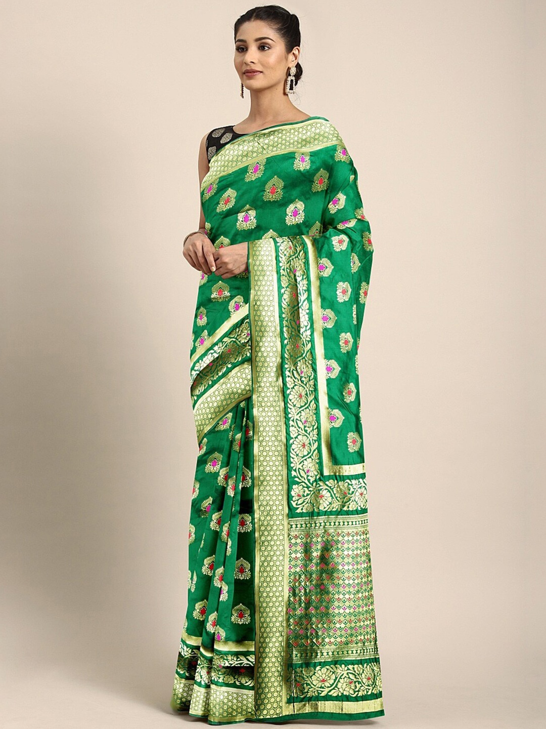

Somras Ethnic Motifs Woven Design Zari Silk Blend Kanjeevaram Saree, Green