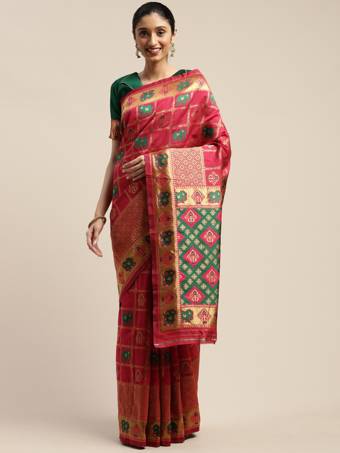 

Somras Ethnic Motifs Woven Design Zari Silk Blend Maheshwari Saree, Pink