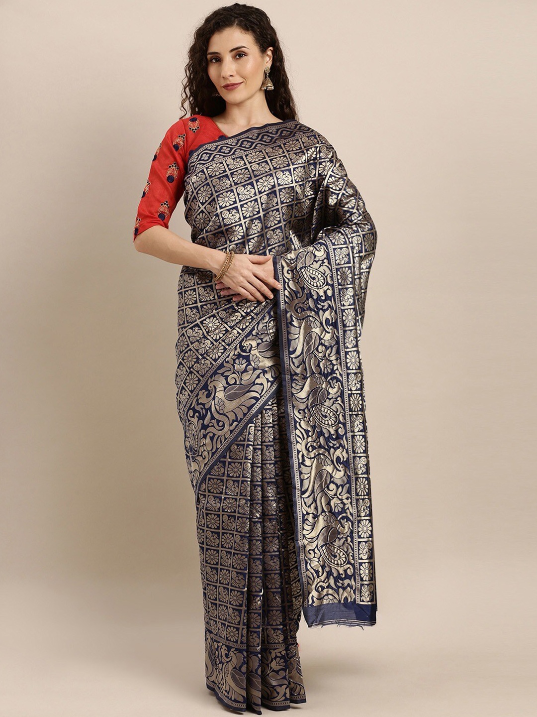 

Somras Ethnic Motifs Woven Design Zari Banarasi Saree, Blue