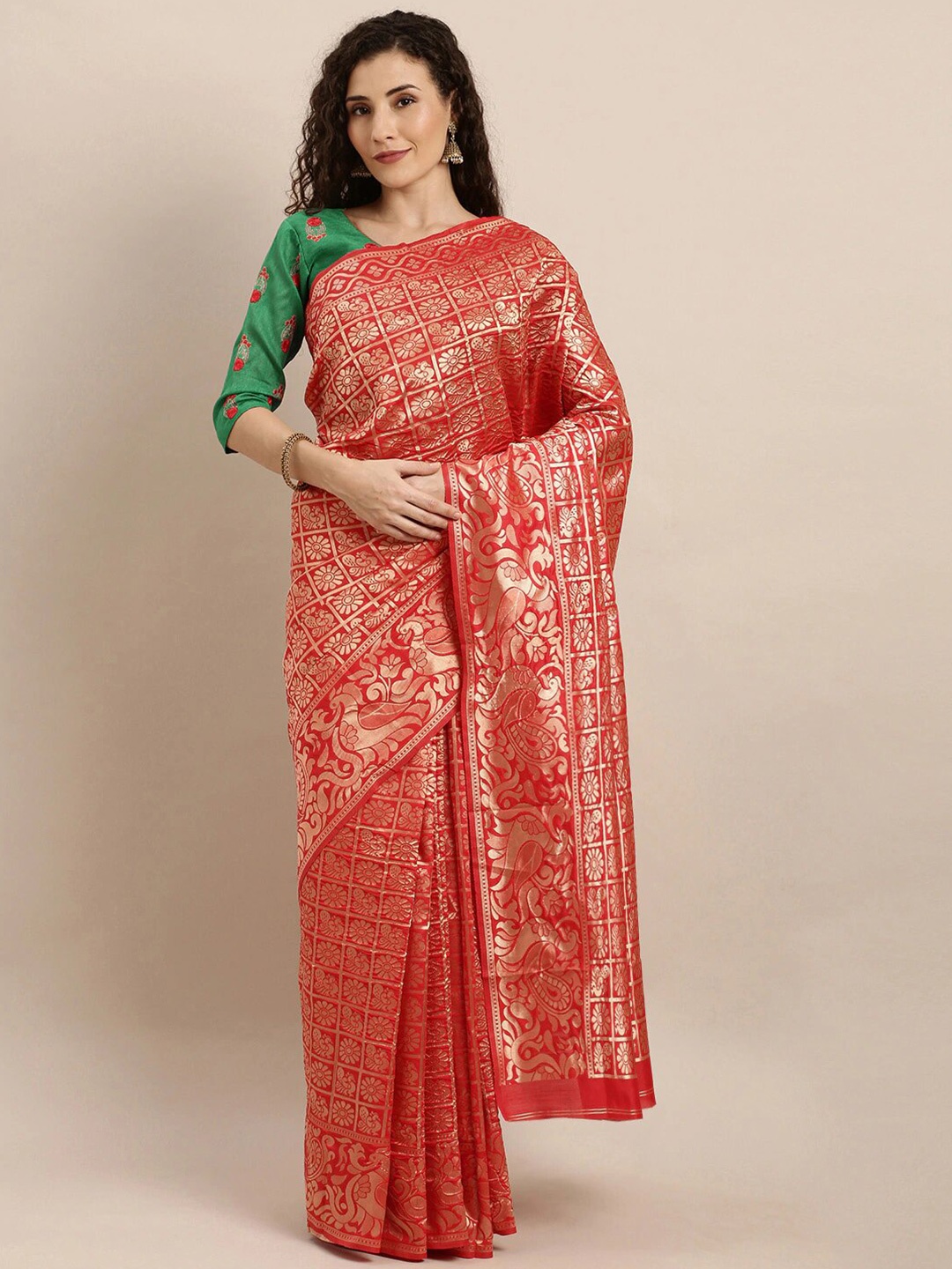 

Somras Ethnic Motifs Woven Design Zari Banarasi Saree, Red