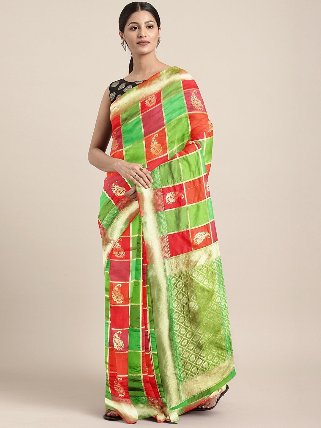 

Somras Ethnic Motifs Woven Design Zari Silk Blend Dharmavaram Saree, Green