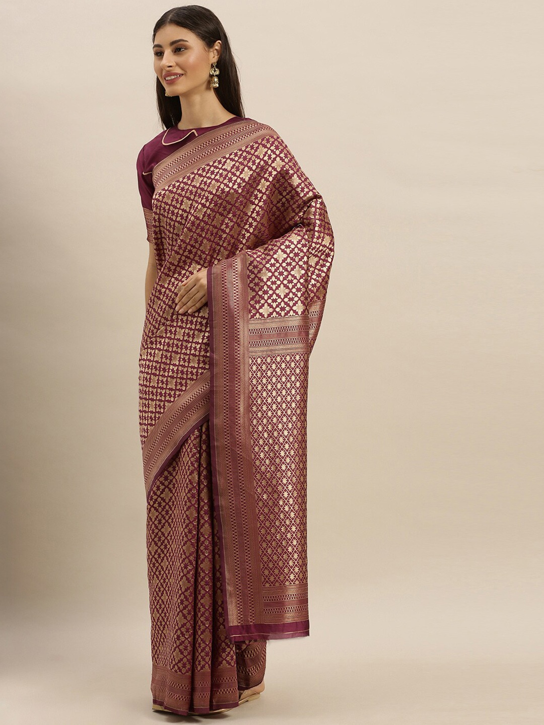 

Somras Ethnic Motifs Woven Design Zari Silk Blend Kanjeevaram Saree, Magenta