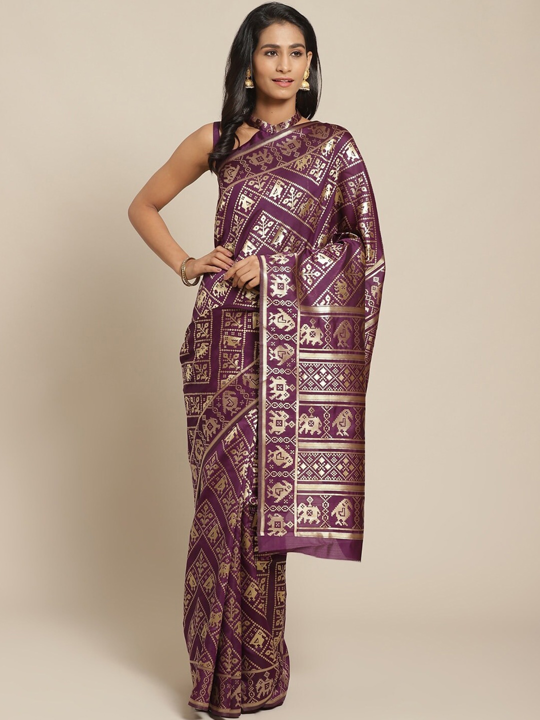 

Somras Ethnic Motifs Woven Design Zari Silk Blend Kanjeevaram Saree, Purple