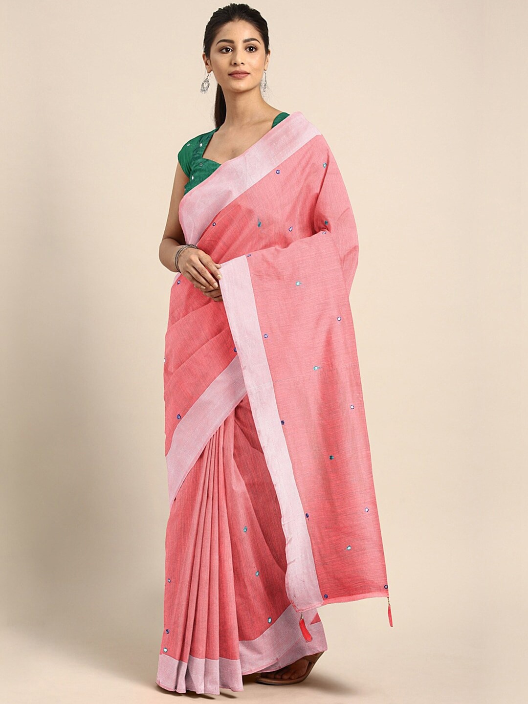 

Somras Mirror Work Zari Chanderi Saree, Pink