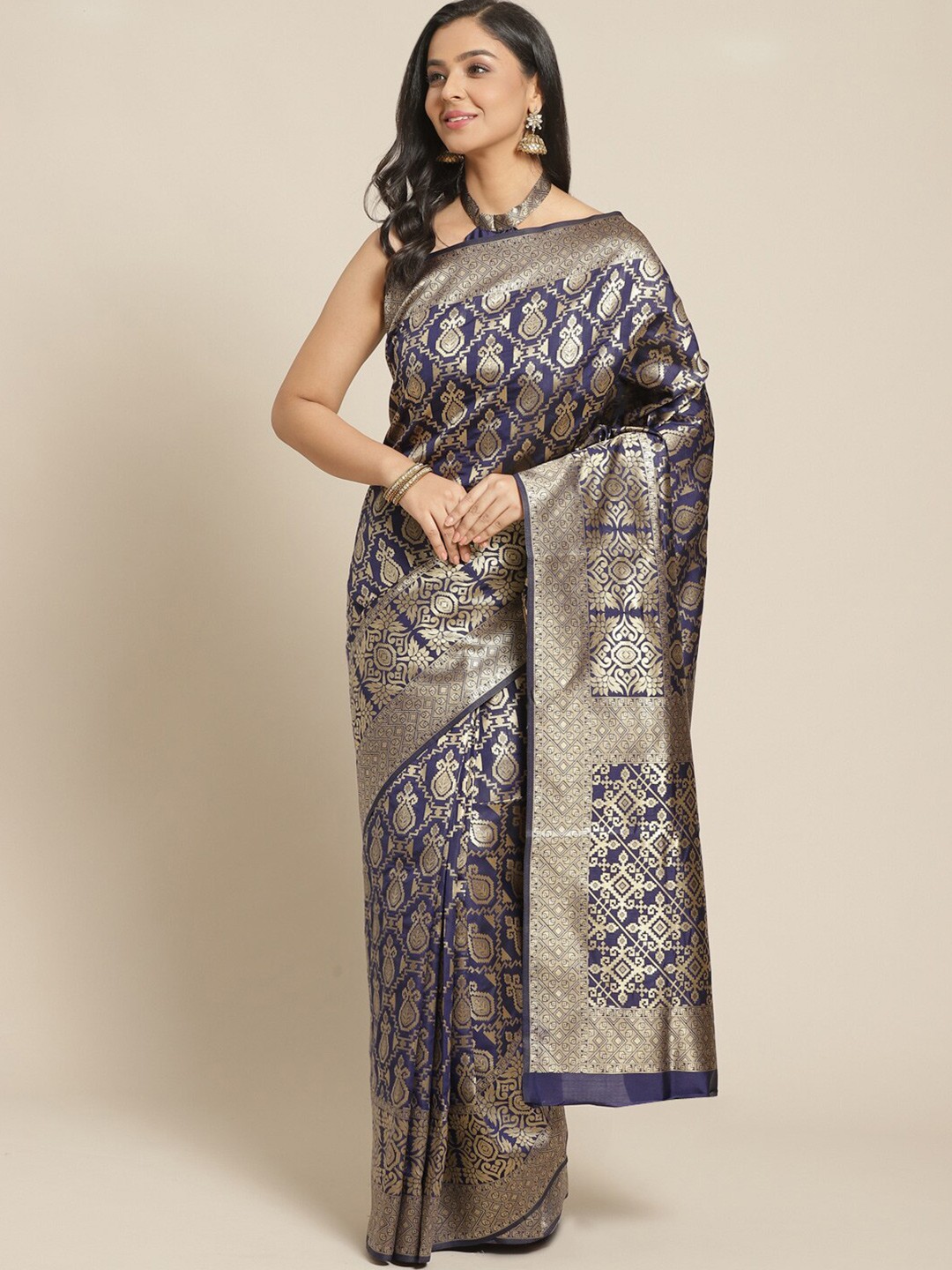 

Somras Ethnic Motifs Woven Design Zari Silk Blend Kanjeevaram Saree, Navy blue
