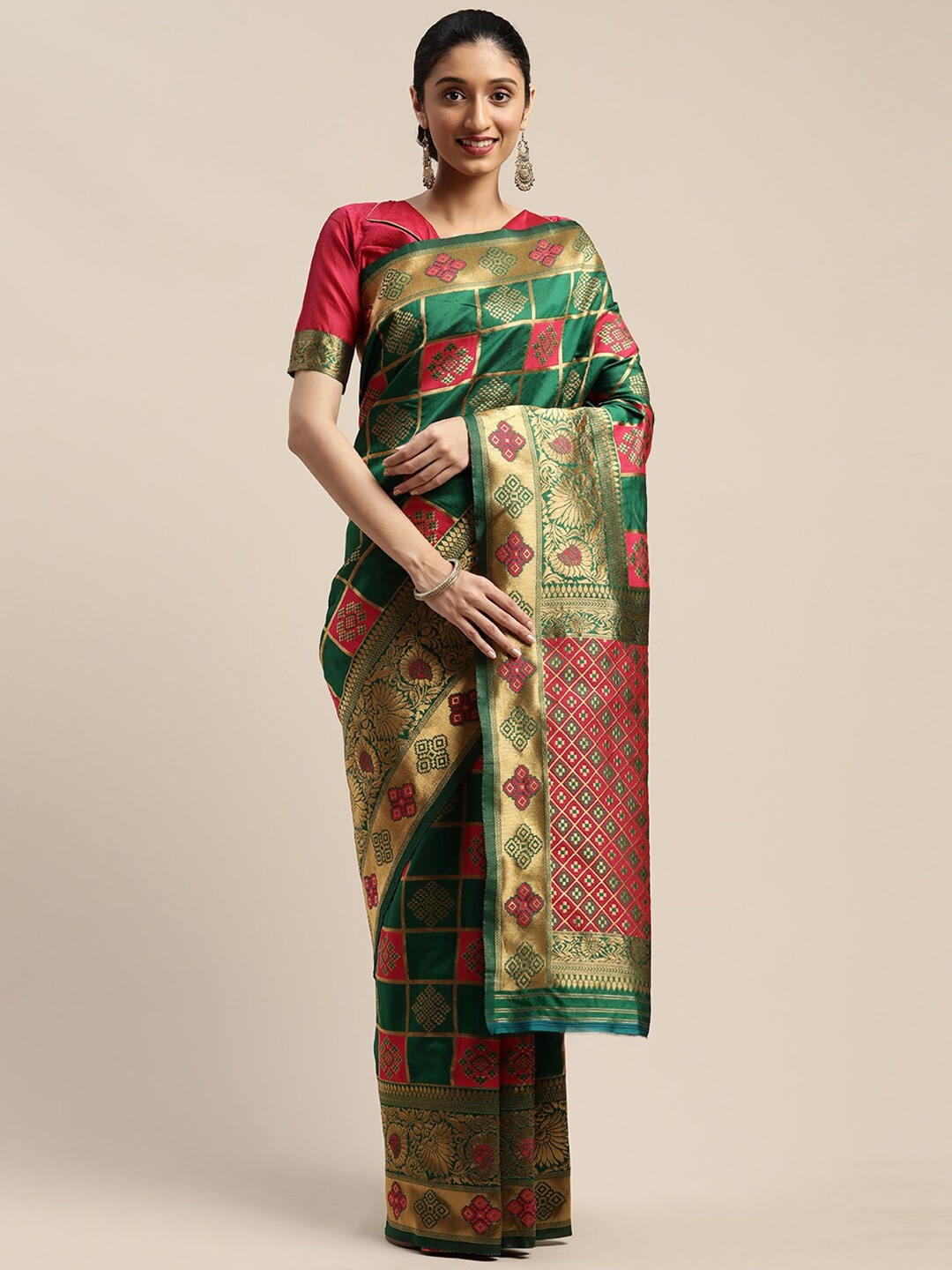 

Somras Ethnic Motifs Woven Design Zari Maheshwari Saree, Green