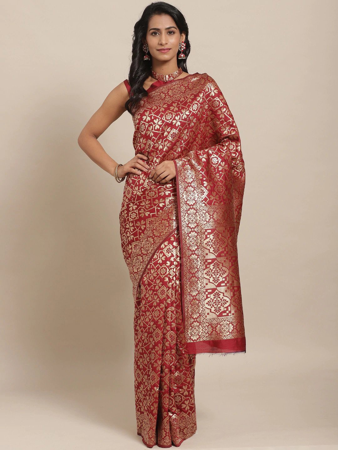 

Somras Ethnic Motifs Woven Design Zari Silk Blend Kanjeevaram Saree, Maroon