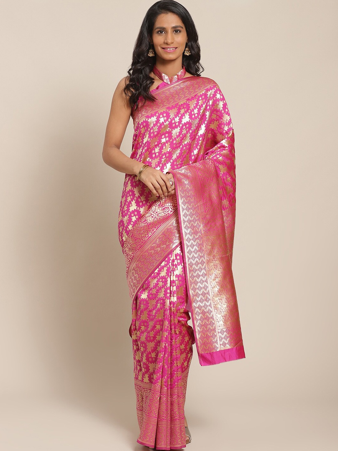 

Somras Ethnic Motifs Woven Design Zari Silk Blend Kanjeevaram Saree, Pink