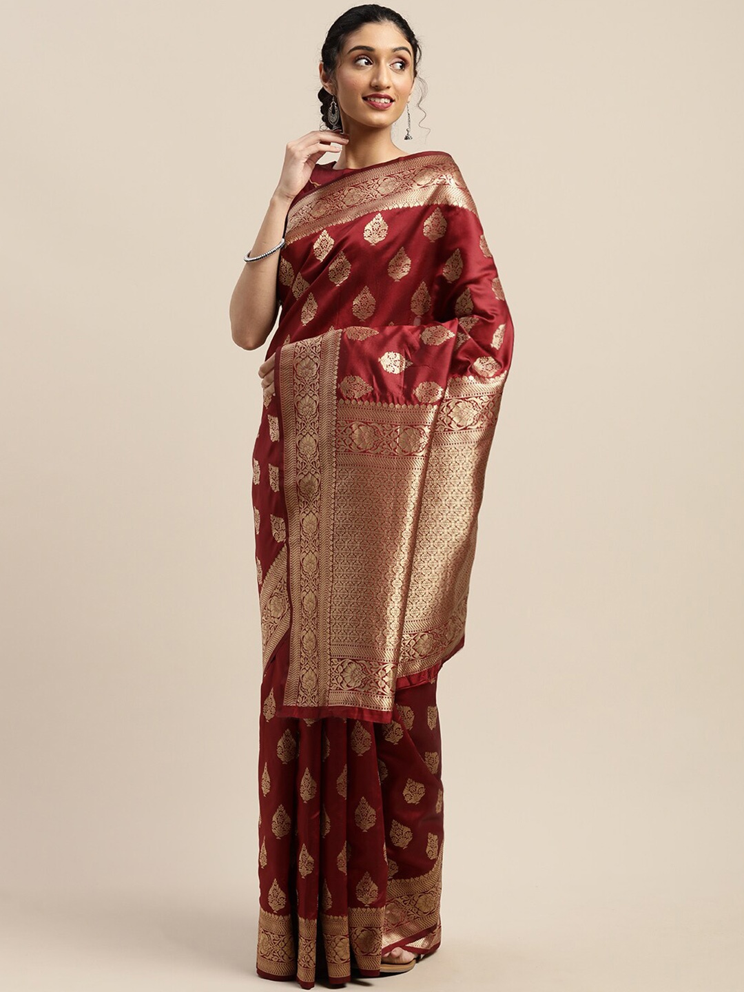 

Somras Woven Design Zari Silk Blend Kanjeevaram Saree, Maroon