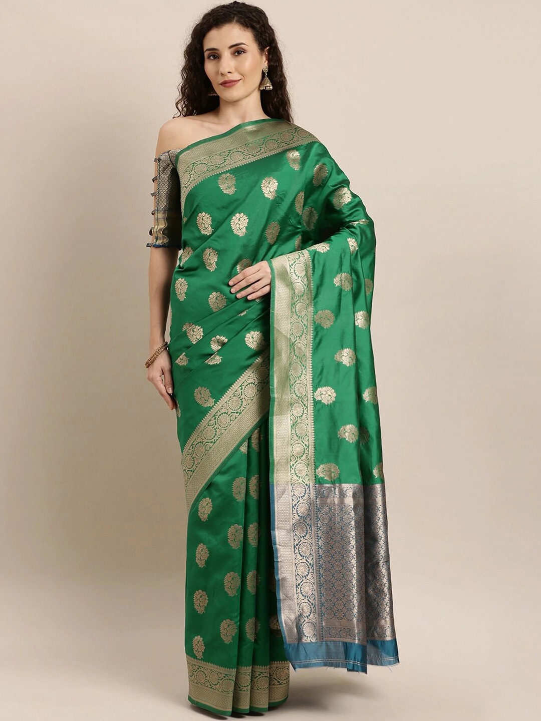 

Somras Ethnic Motifs Woven Design Zari Silk Blend Kanjeevaram Saree, Green