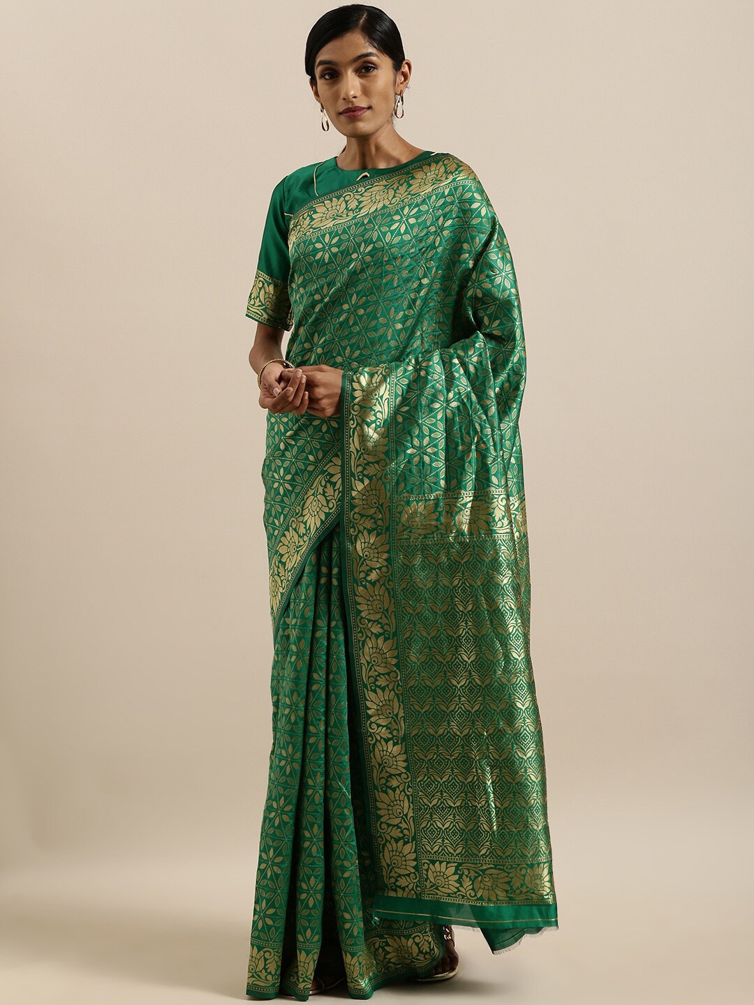

Somras Ethnic Motifs Woven Design Zari Silk Blend Kanjeevaram Saree, Green