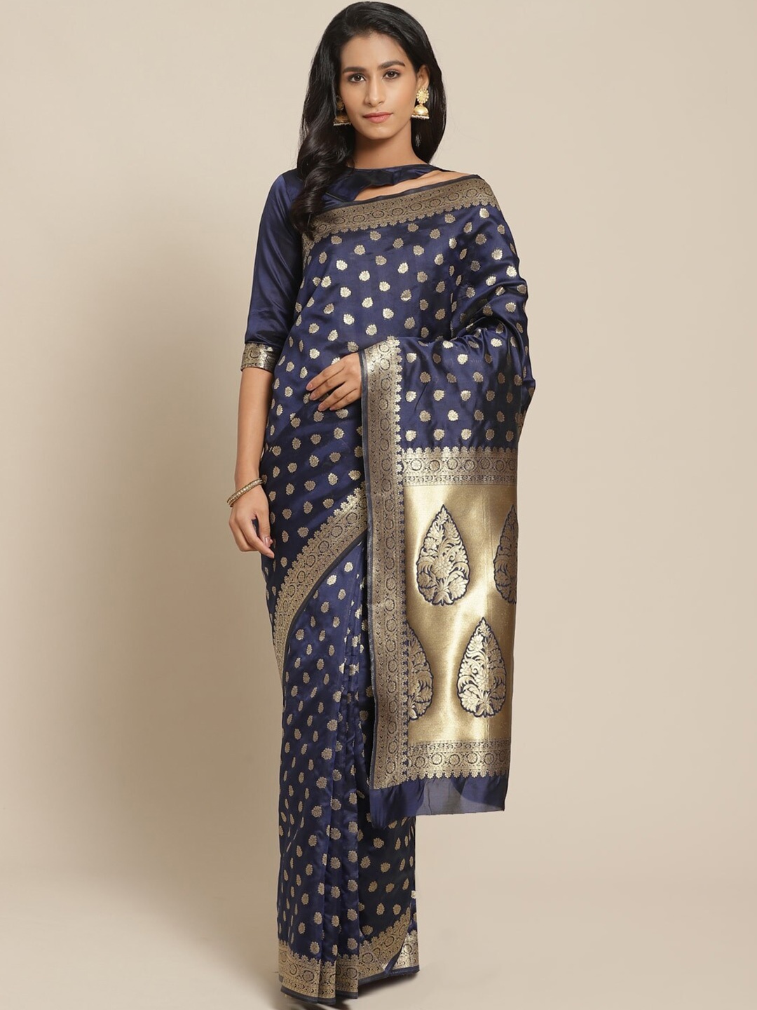 

Somras Woven Design Zari Silk Blend Kanjeevaram Saree, Navy blue