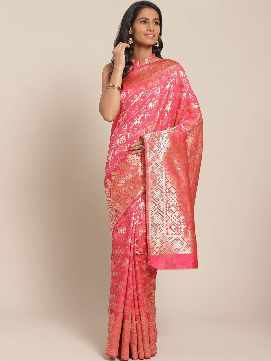 

Somras Woven Design Zari Silk Blend Kanjeevaram Saree, Rose