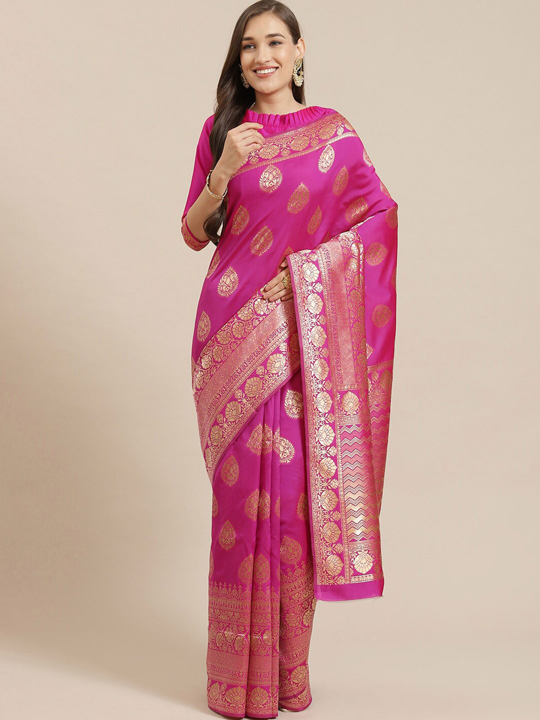 

Somras Woven Design Zari Silk Blend Kanjeevaram Saree, Pink