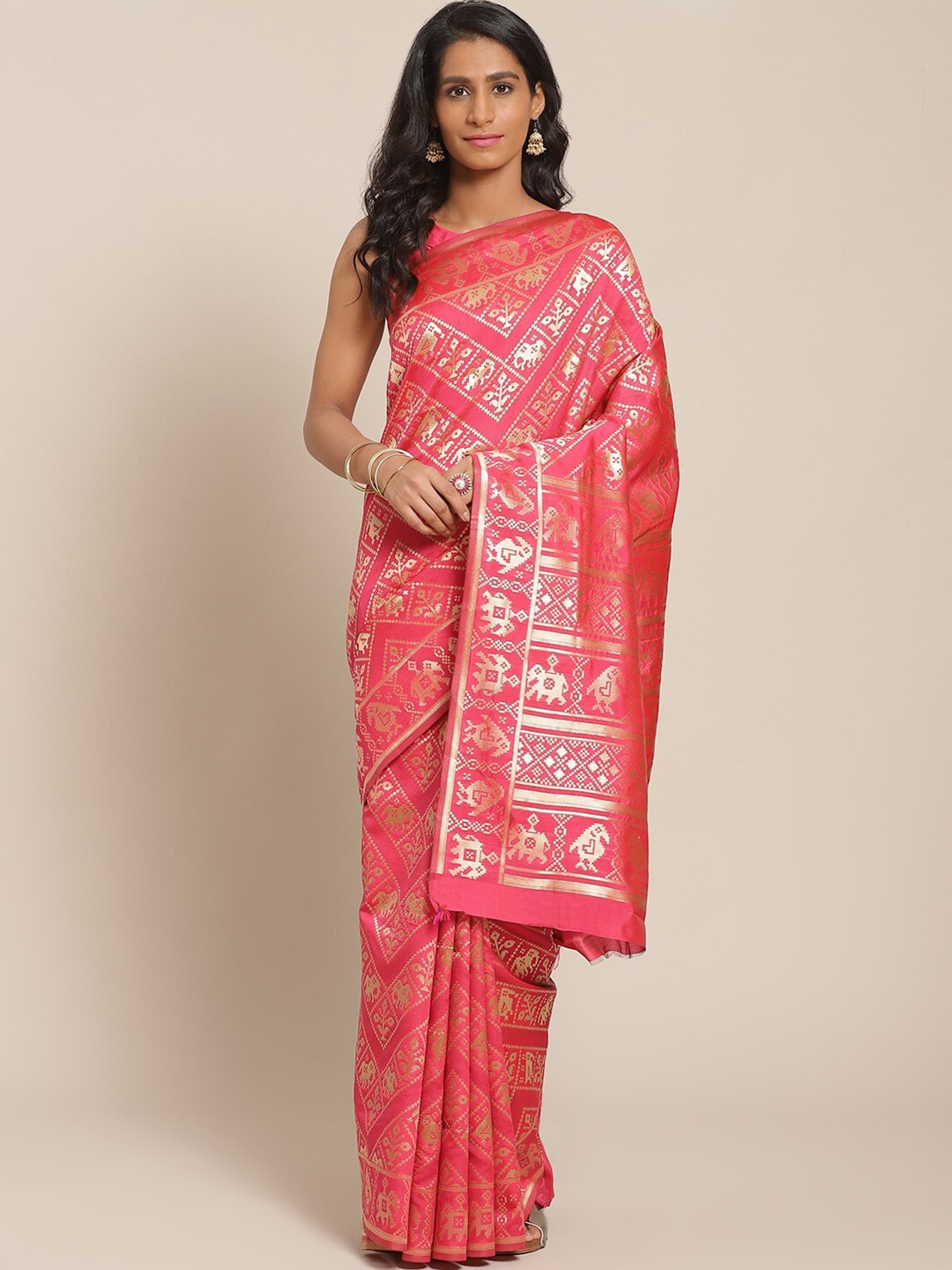 

Somras Ethnic Motifs Woven Design Zari Silk Blend Kanjeevaram Saree, Pink