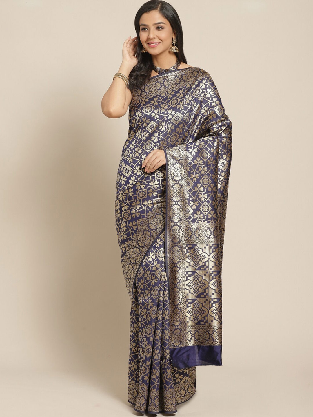 

Somras Woven Design Zari Silk Blend Kanjeevaram Saree, Navy blue