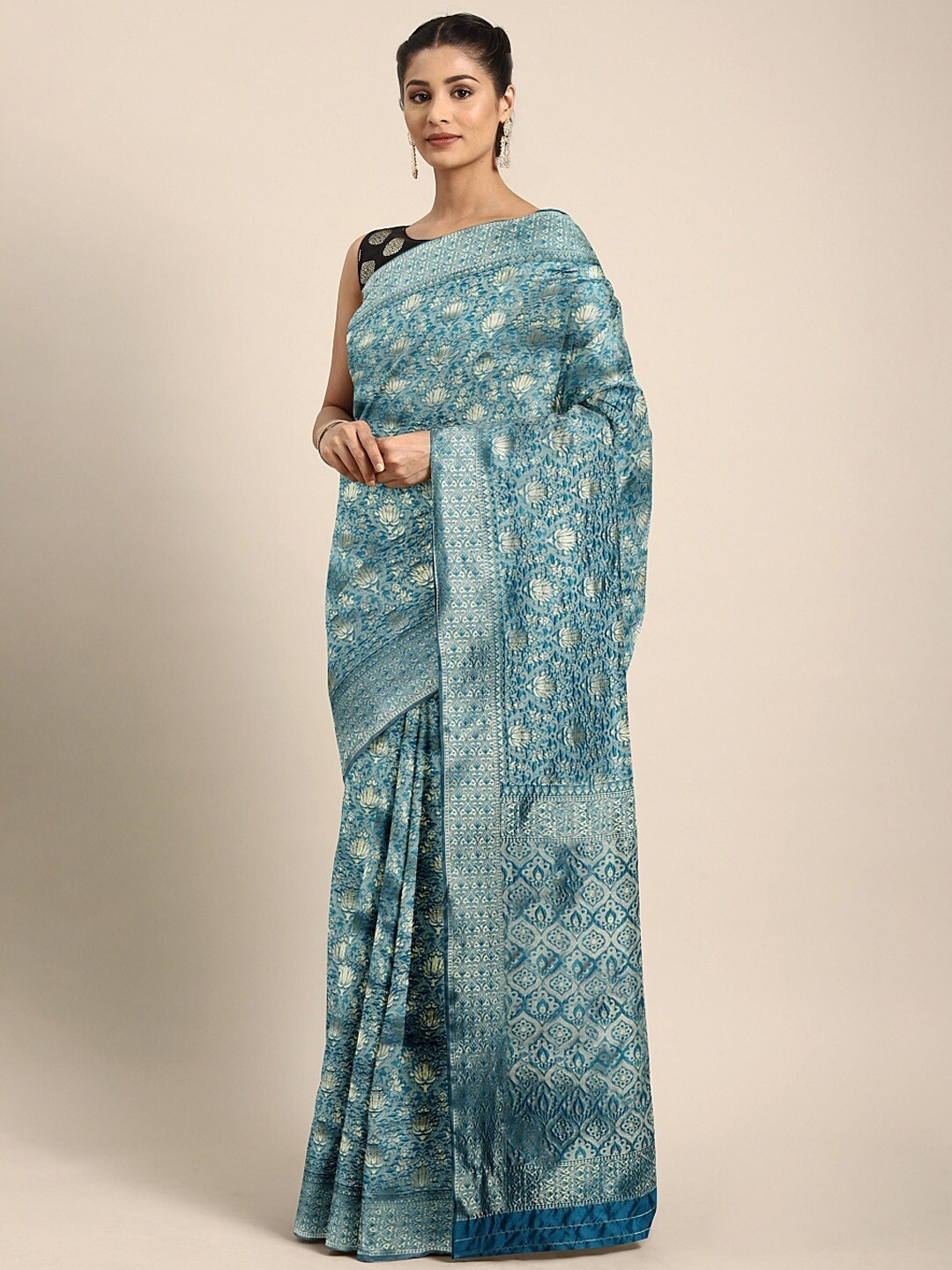 

Somras Ethnic Motifs Woven Design Zari Silk Blend Jamdani Saree, Teal