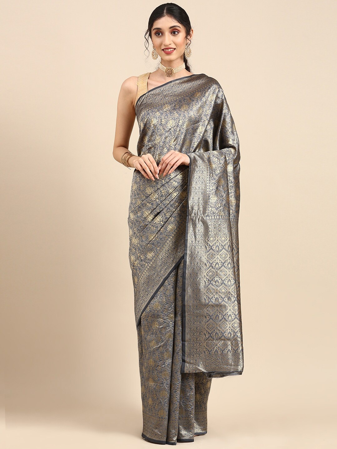 

Somras Ethnic Motifs Woven Design Zari Silk Blend Jamdani Saree, Grey