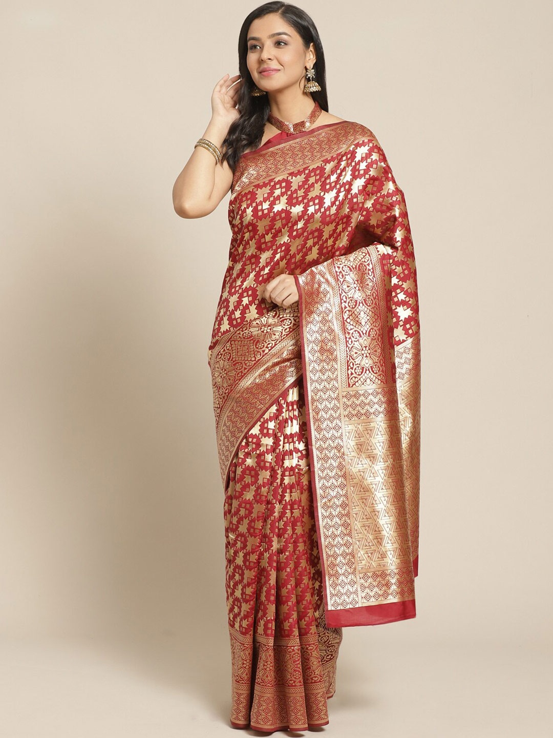 

Somras Woven Design Zari Silk Blend Kanjeevaram Saree, Maroon