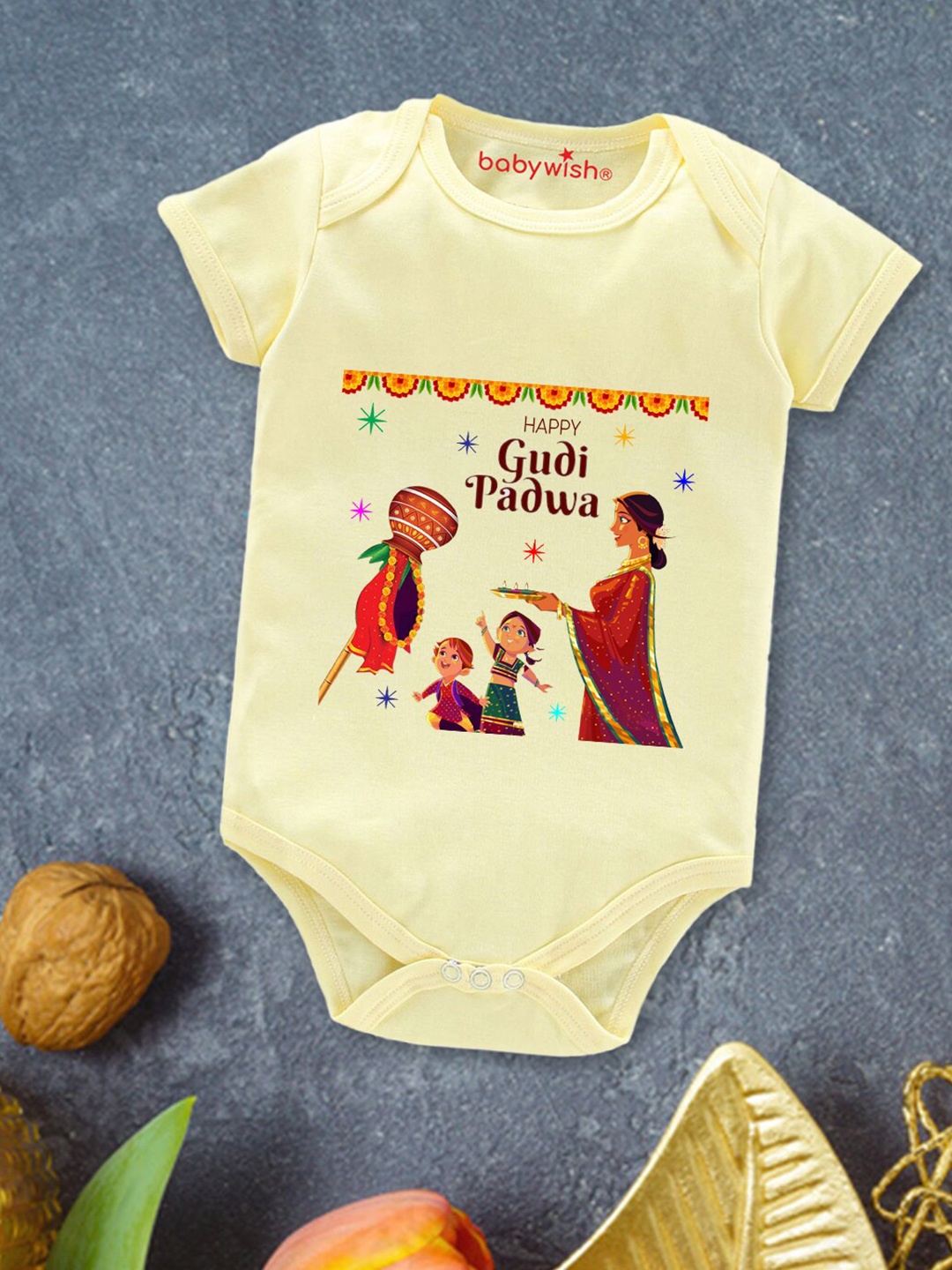 

Babywish Infants Gudi Padwa Printed Cotton Envelope Neck Bodysuit, Yellow