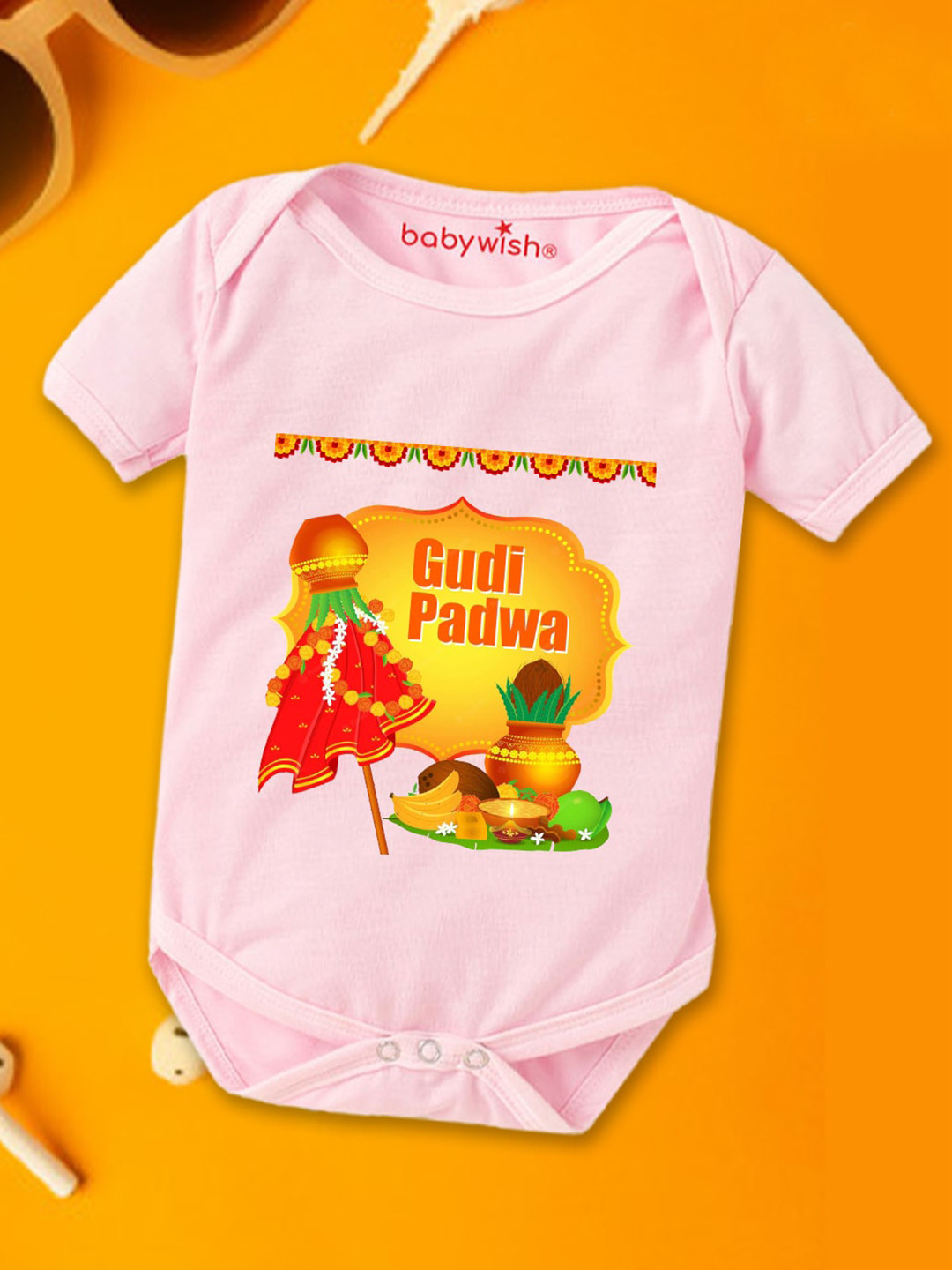 

Babywish Infants Gudi Padwa Printed Cotton Envelope Neck Bodysuit, Pink