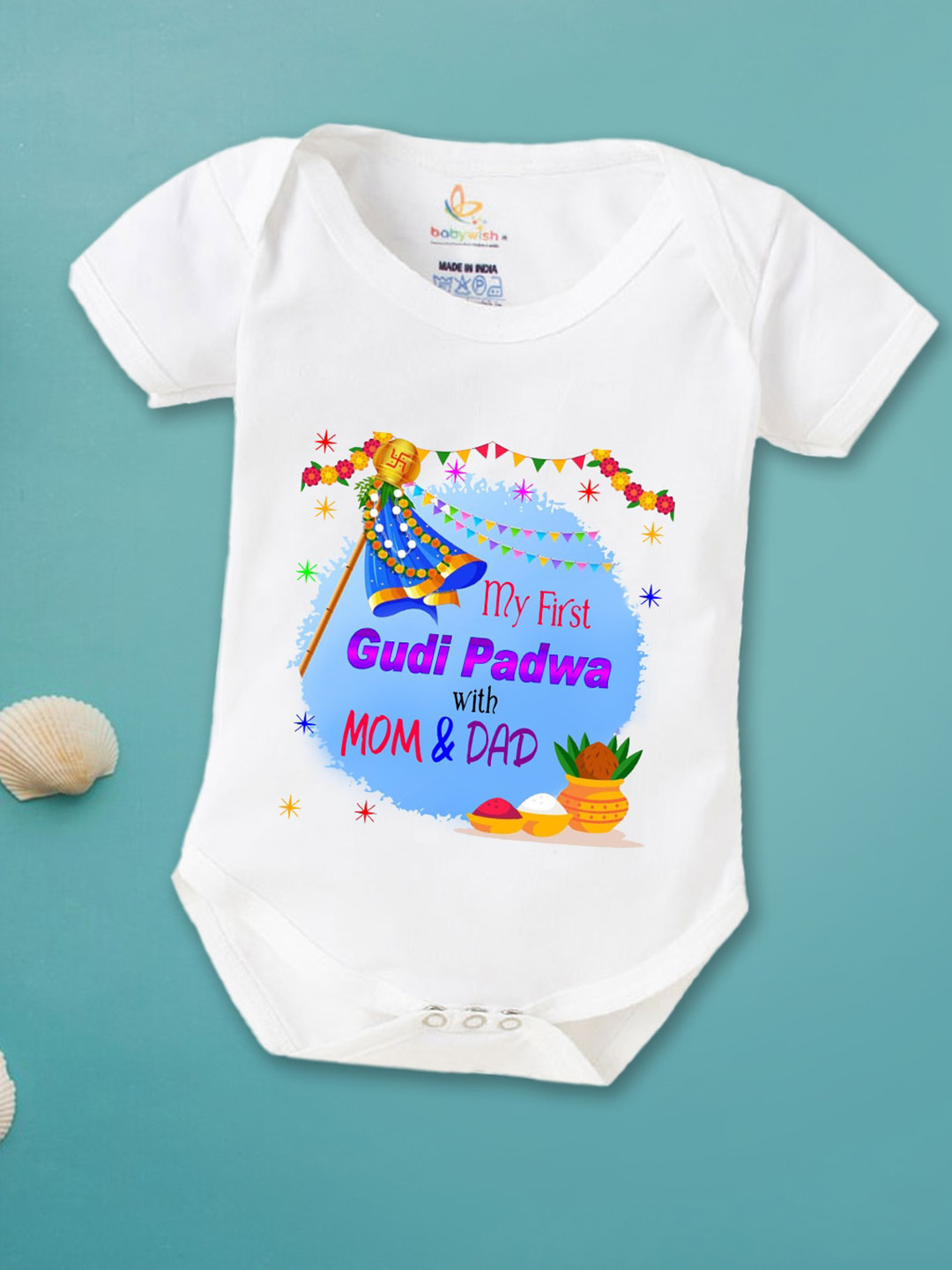 

Babywish Infants Gudi Padwa Printed Cotton Envelope Neck Bodysuit, White