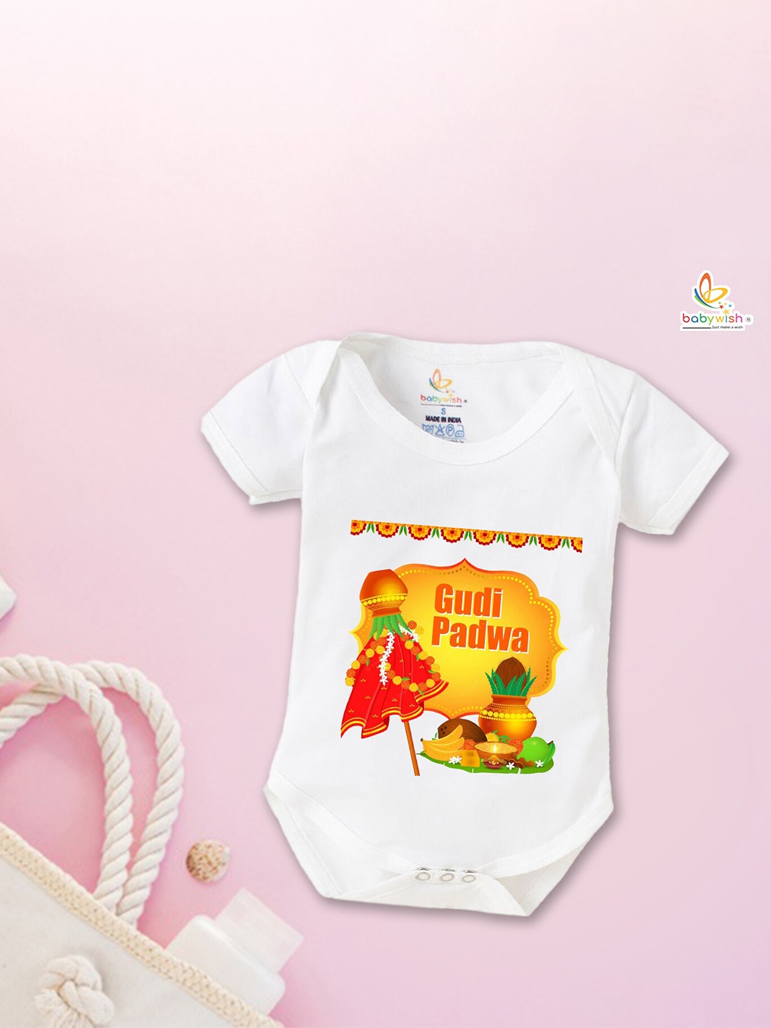 

Babywish Infants Gudi Padwa Printed Cotton Envelope Neck Bodysuit, White