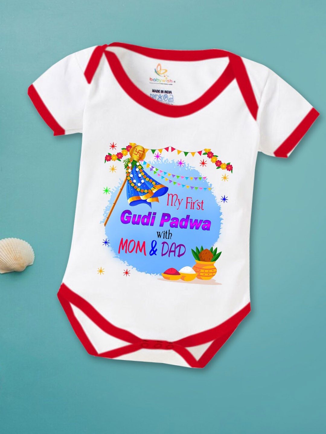 

Babywish Infants Gudi Padwa Printed Cotton Envelope Neck Bodysuit, White