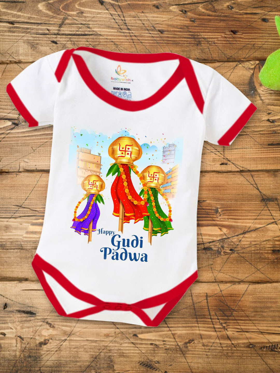 

Babywish Infants Gudi Padwa Printed Cotton Envelope Neck Bodysuit, White