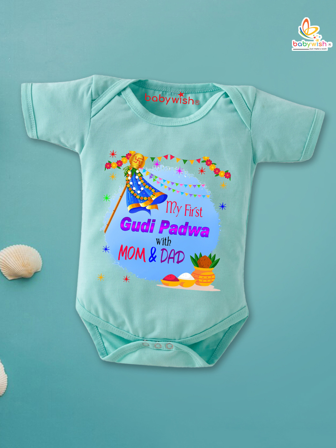 

Babywish Infants Gudi Padwa Printed Cotton Envelope Neck Bodysuit, Sea green