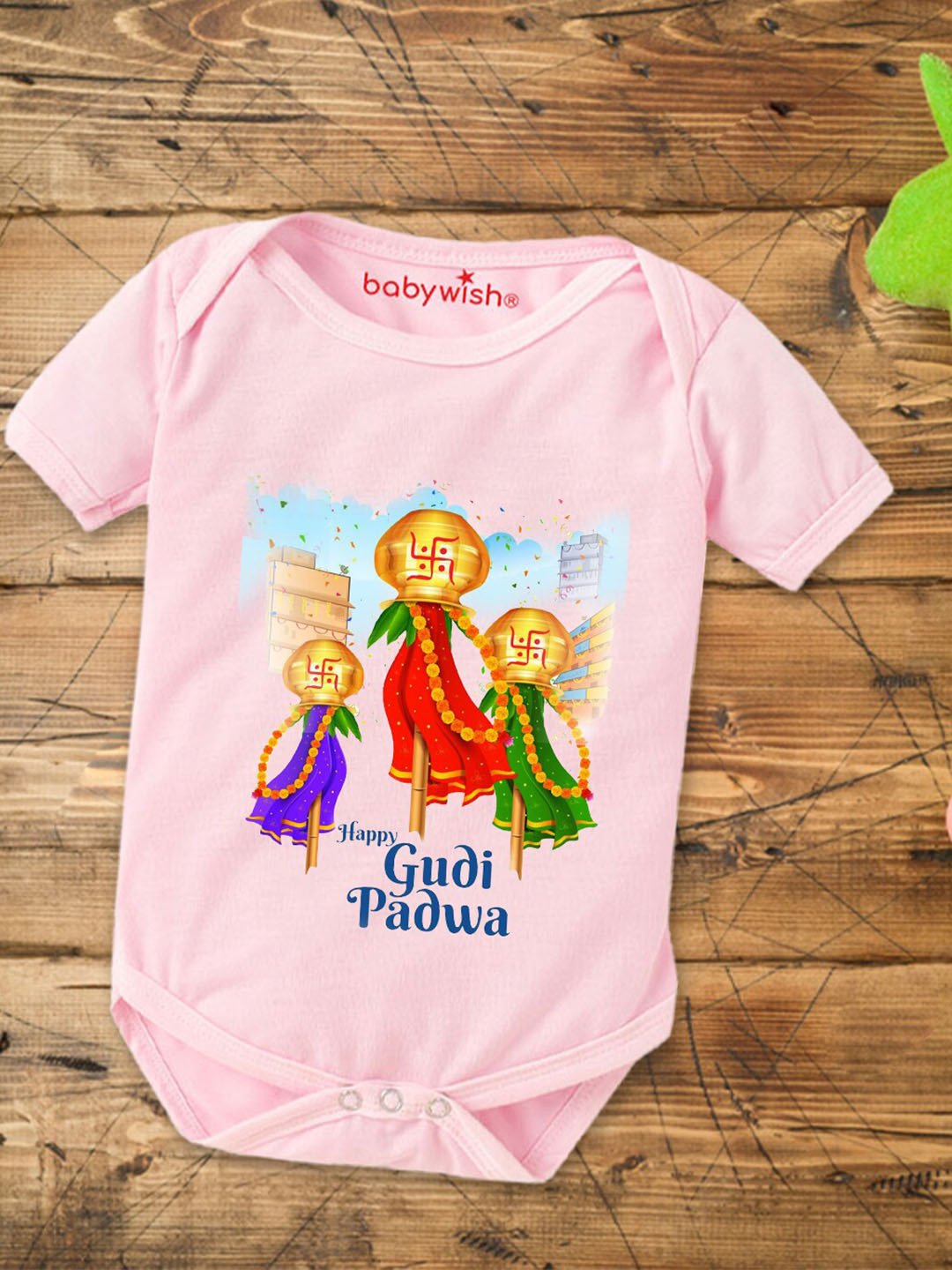 

Babywish Infants Gudi Padwa Printed Cotton Envelope Neck Bodysuit, Pink