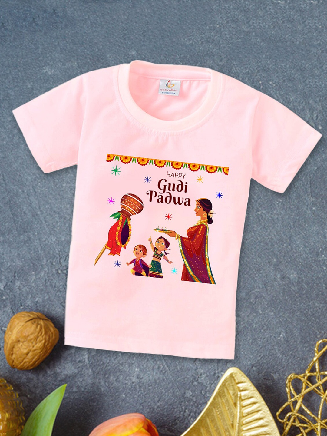 

Babywish Kids Gudi Padwa Printed Round Neck Short Sleeves Cotton Relaxed Fit T-shirt, Pink