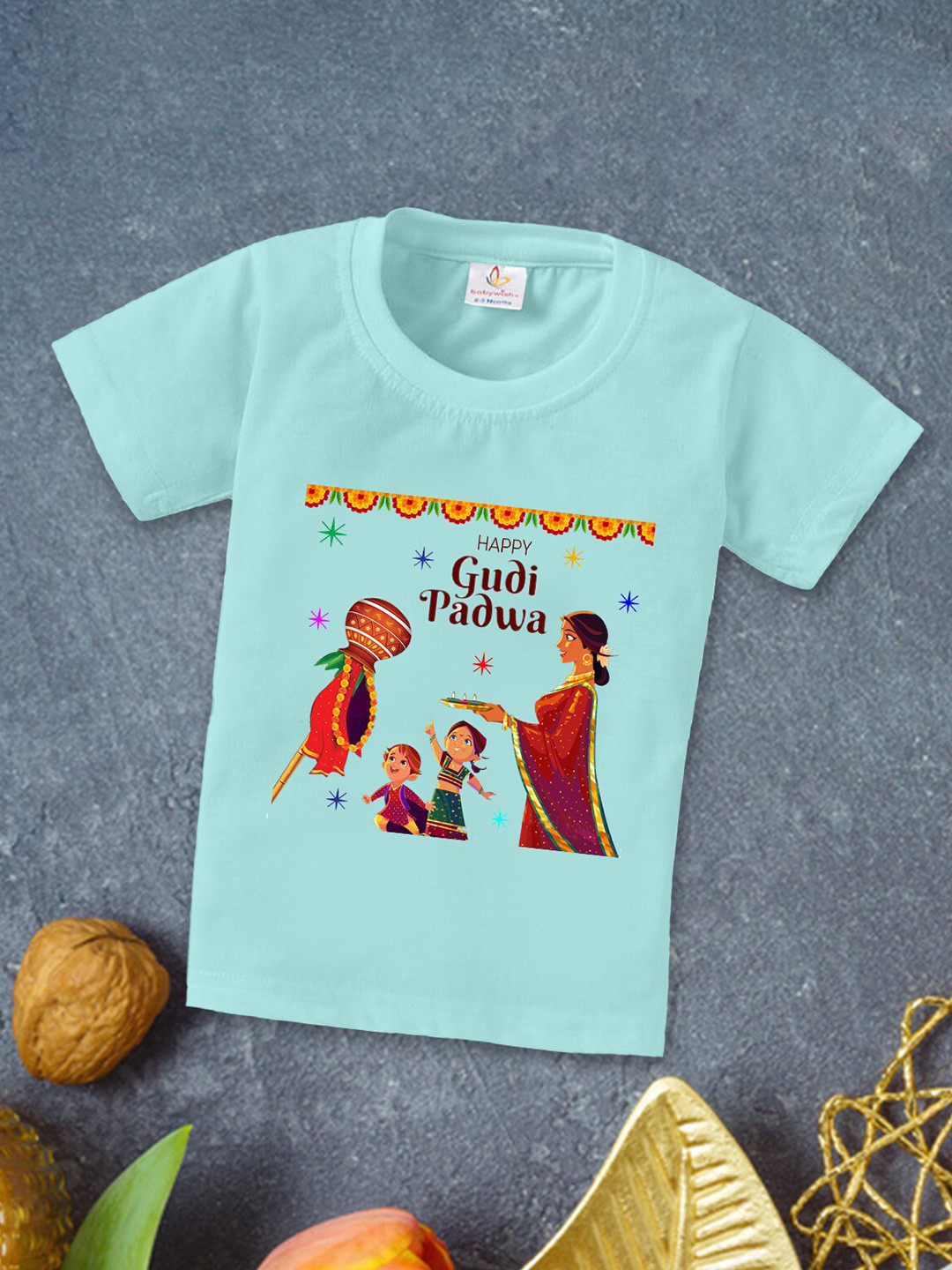 

Babywish Kids Gudi Padwa Printed Round Neck Short Sleeves Cotton Relaxed Fit T-shirt, Sea green