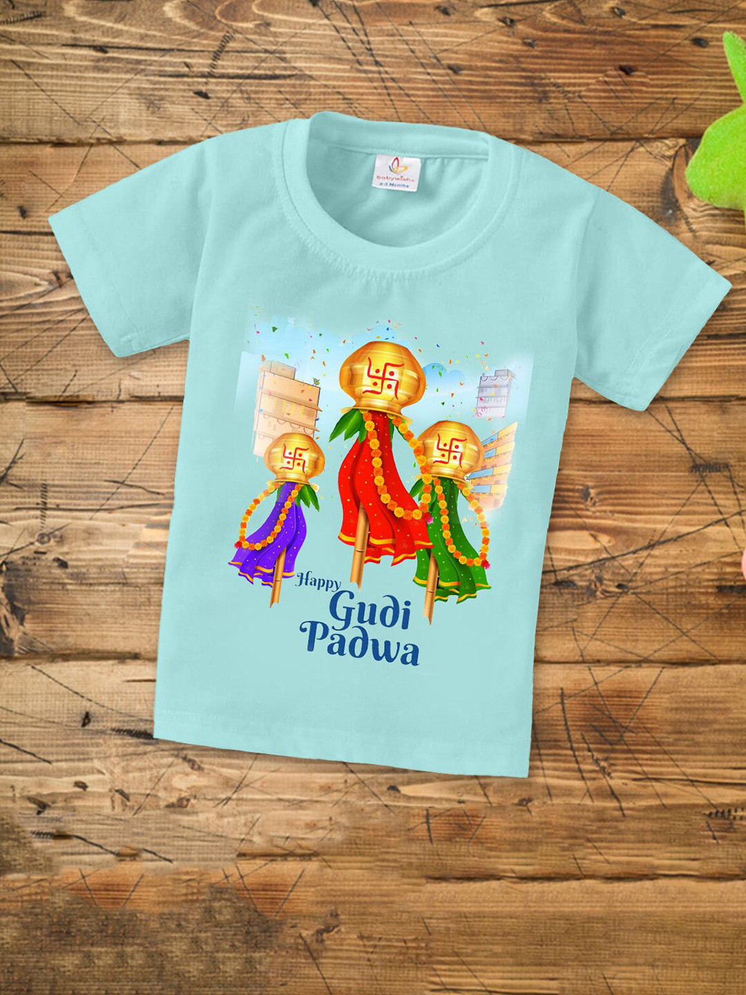 

Babywish Kids Gudi Padwa Printed Round Neck Short Sleeves Cotton Relaxed Fit T-shirt, Sea green