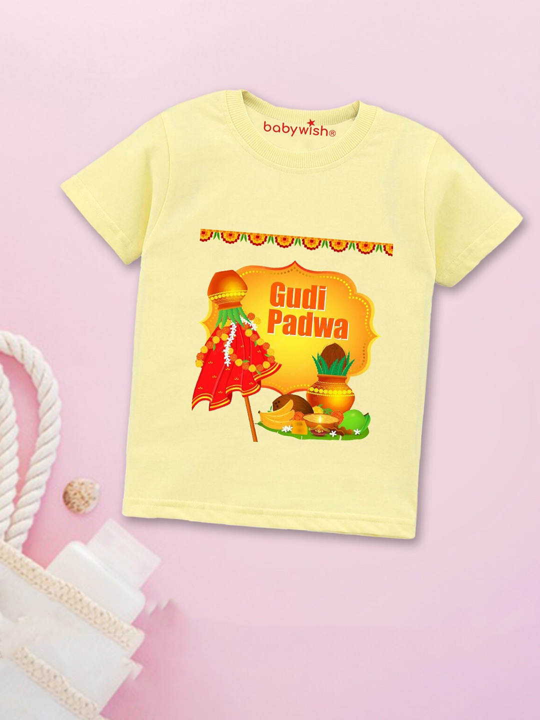 

Babywish Kids Gudi Padwa Printed Round Neck Short Sleeves Cotton Relaxed Fit T-shirt, Yellow