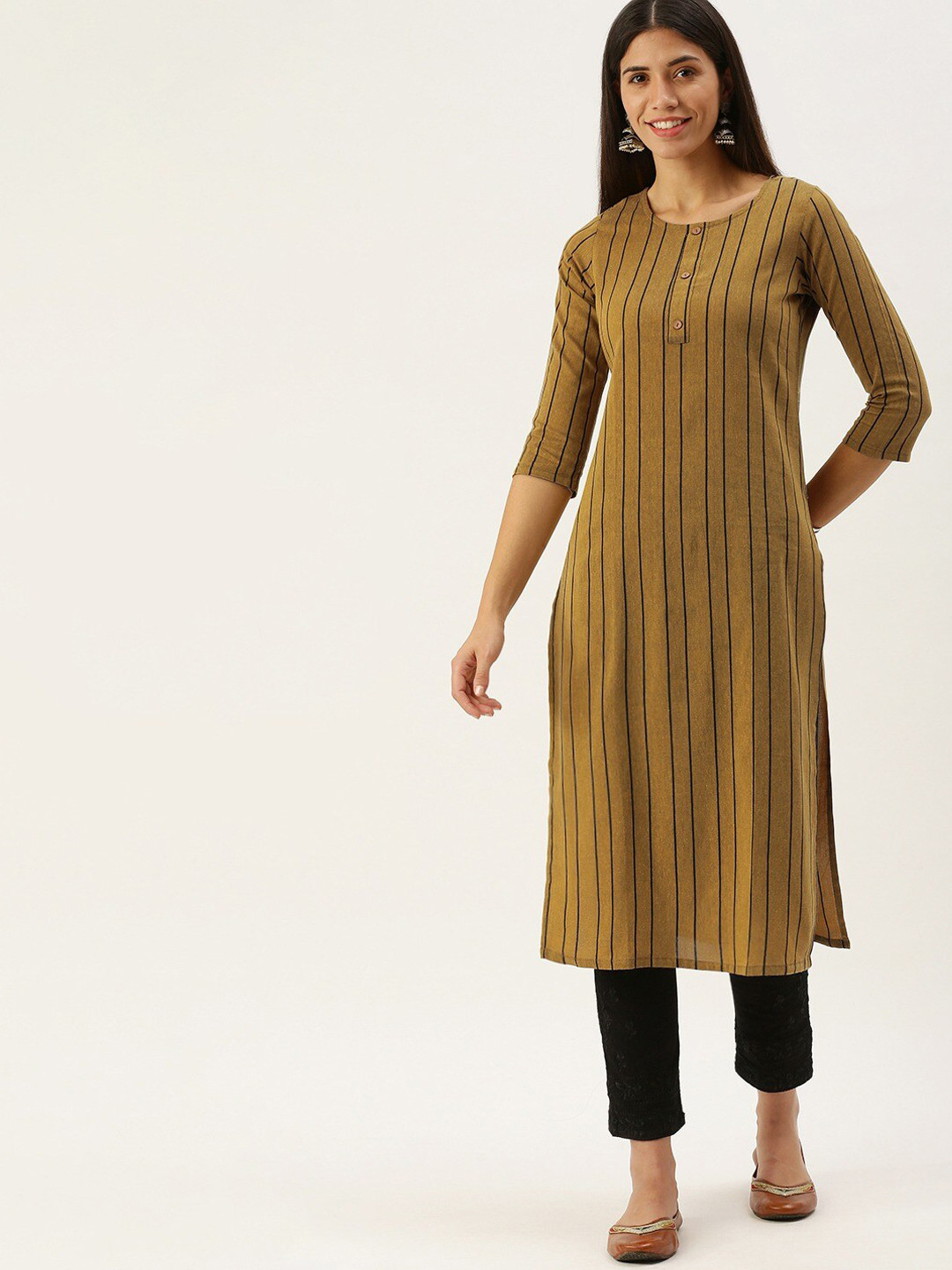 

Shaily Women Striped Flared Sleeves Thread Work Kurta, Mustard