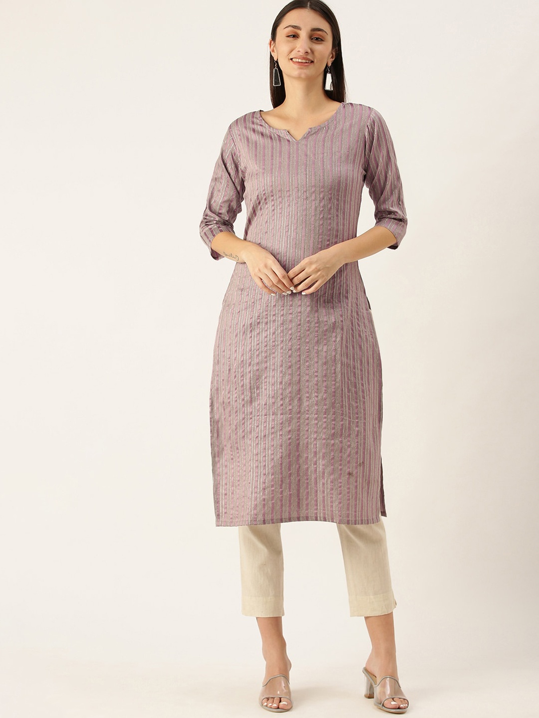 

Shaily Women Striped Flared Sleeves Thread Work Kurta, Lavender