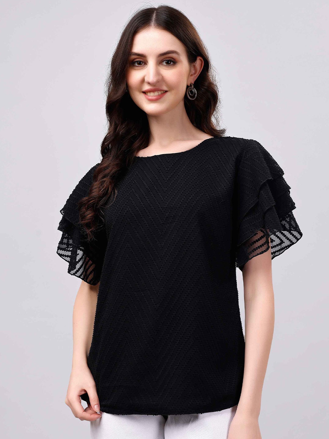 

Paralians Self Design Textured Casual Top, Black