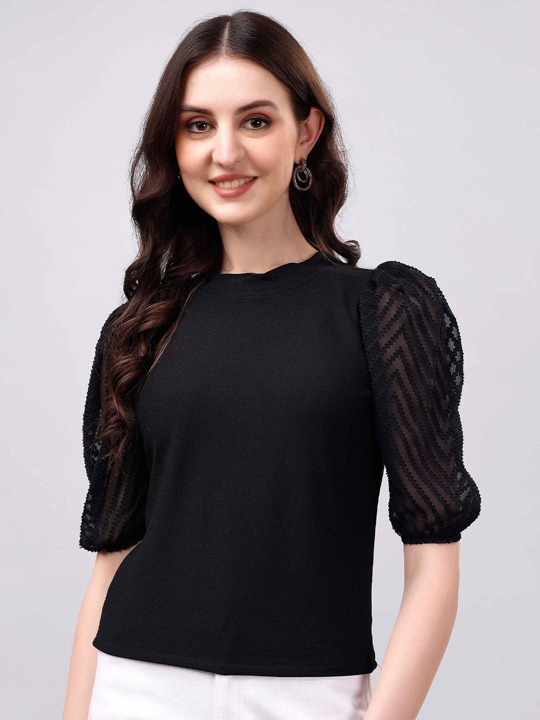 

Paralians Round Neck Puff Sleeve Casual Top, Black