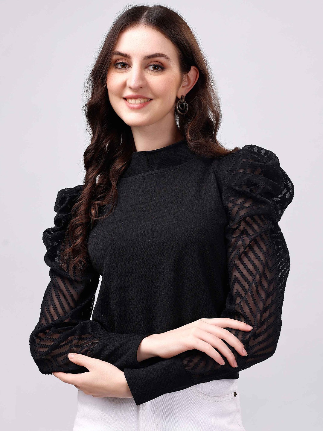 

Paralians High Neck Puff Sleeve Casual Top, Black